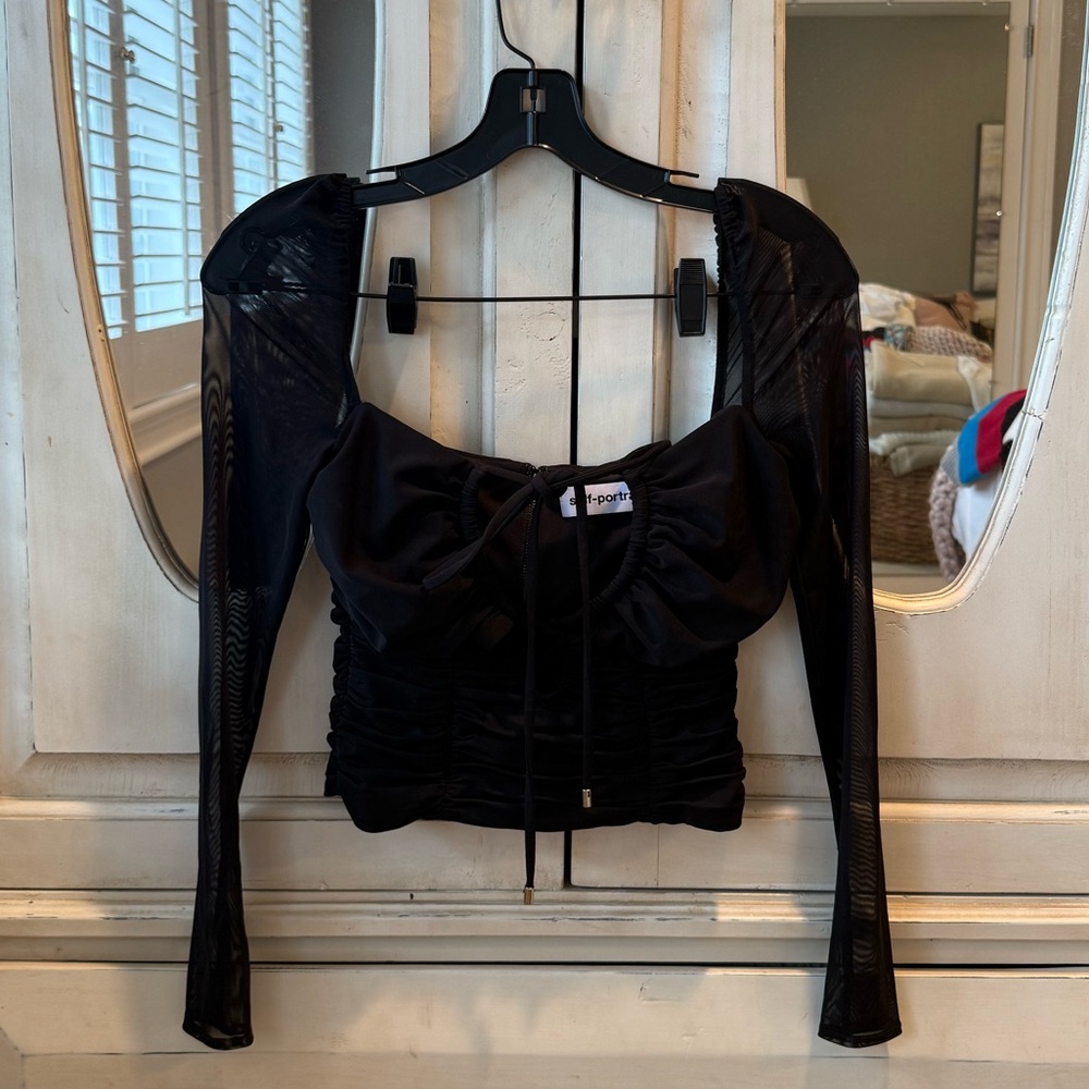 Self-Portrait Black Mesh Sleeve Blouse